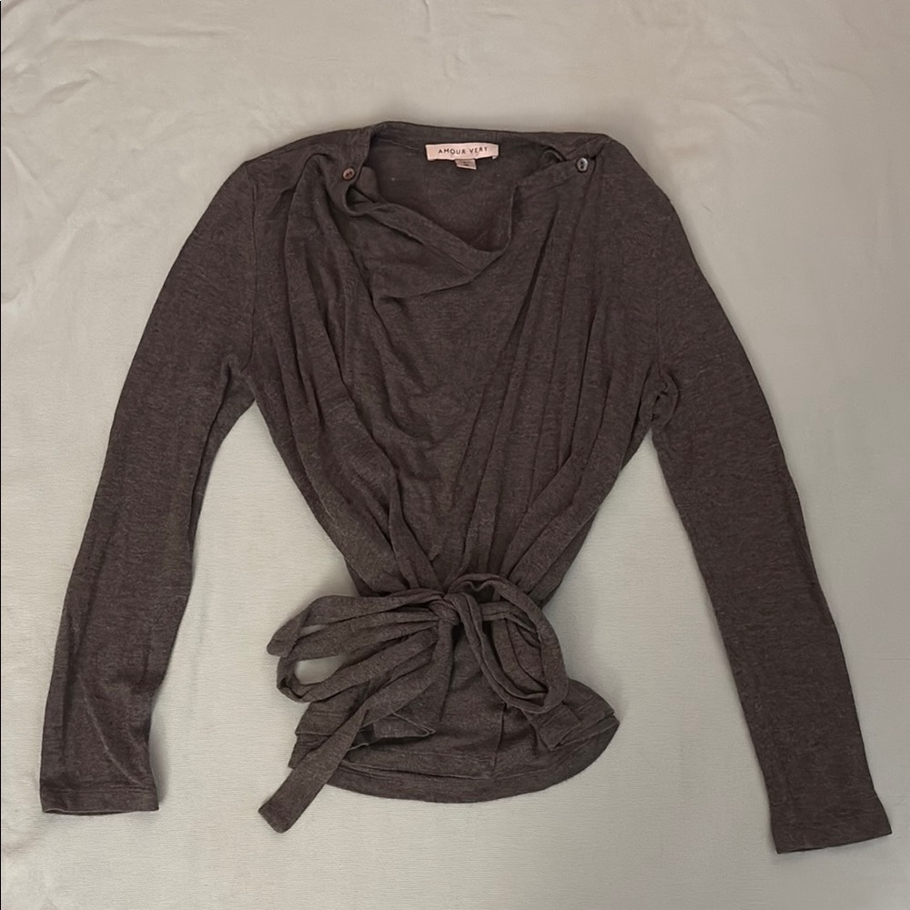 Amour Vert Elegant Long Sleeve Wrap Top - Dark Gray
